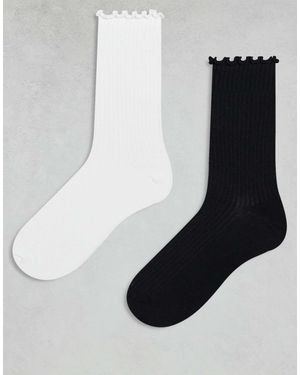 Cotton On – the perfect pair – 2er-pack gerippte crew-socken mit rüschen - Schwarz
