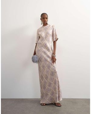 TOPSHOP Satijnen Jacquard Maxi Jurk Met Boothals En Blauwe Vierkante Print - Naturel