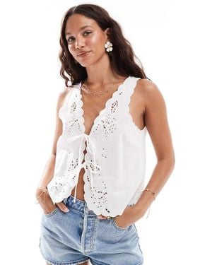 Vero Moda Embroidered Cutwork Sleeveless Tie Front Top - White