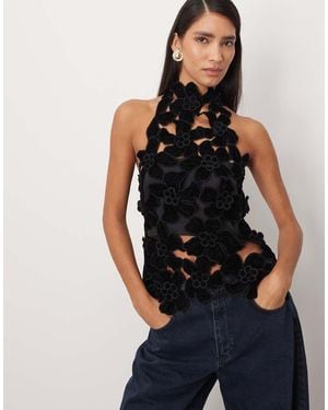ARRANGE Embroidered Velvet Quilted Cut Work Halterneck Top - Black