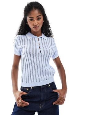 Monki Knitted Polo Top With Stitch Detail - Blue