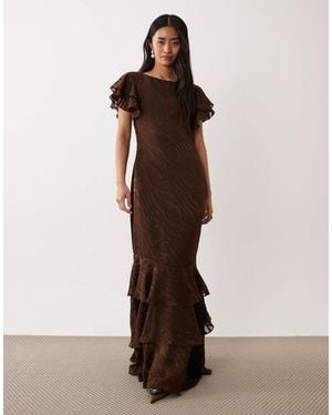 Pretty Lavish Devore Frill Sleeve Maxi Dress - Brown
