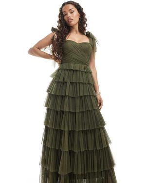 LACE & BEADS Bow Shoulder Tulle Maxi Dress - Green