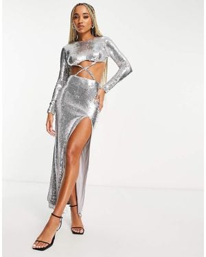 SIMMI Simmi Sequin Long Sleeve Cut Out Waist Maxi Dress With Thigh Split - White
