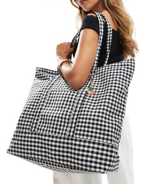 SVNX Tote bag à carreaux vichy avec porte-clés amovible - blanc - Noir