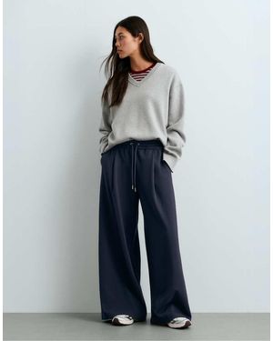 Oysho Wide Leg Piqué Cotton Trousers - Blue