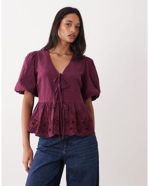 Nobody's Child Aries Puff Sleeve Bow Detail Embroidered Blouse