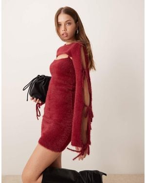 The Frolic Exclusive Fluffy Cut Out Bow Tie Sleeve Knitted Mini Dress - Red