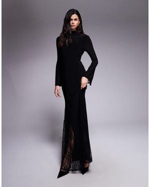 ASOS Highneck Maxi Dress With Sheer Lace Godets And Layered Sleeve - Blue