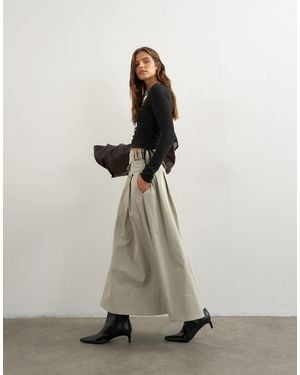 TOPSHOP Twill Pleated Midi Skirt With Belt Detail - Natural