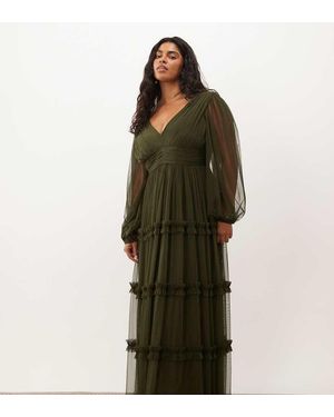 Lace & Beads Plus Vestido Maxi De Tul Semitransparente Con Mangas Globo, Escote Pronunciado Y Capas En - Verde