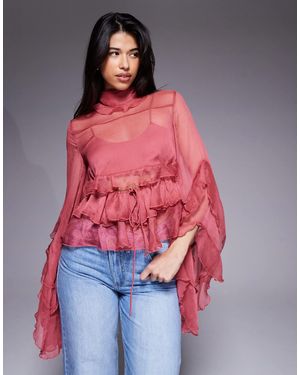 Bardot Anyssa Sheer Chiffon Ruffle Detail Bell Sleeve Cutout Blouse - Red