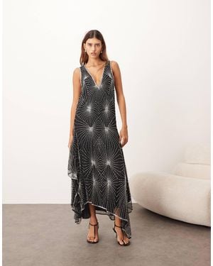 ARRANGE Art Deco Linear Embellished Asymmetric Midi Dress - Black