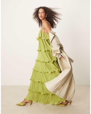 Pretty Lavish Vestito Lungo A Balze Con Volant Color Pistacchio - Verde