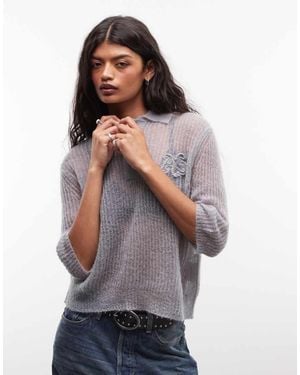 AllSaints Anabel Logo Light Knit Polo With Stitch Detail - Grey