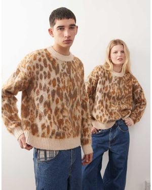 Reclaimed Vintage Unisex Boxy Crew Neck Leopard Print Jumper - Blue