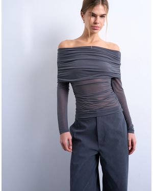 TOPSHOP Mesh Off The Shoulder Fold Over Long Sleeve Top - Blue