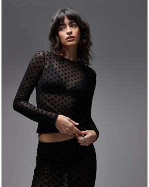 ASOS Flocked Mesh Long Sleeve Top - Black