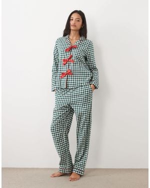 Chelsea Peers Christmas pyjama-set aus gebürstetem baumwollflanell mit hemd zum binden vorn und hose - Grün
