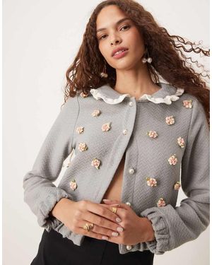 Sister Jane Contrast Collar Knit Rose Embellished Cardigan - Grey