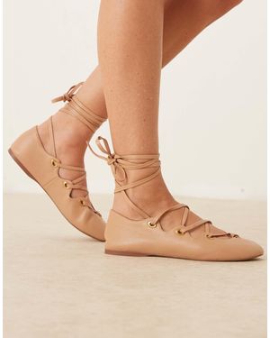 Mango Leather Lace Up Flat Shoe - Natural