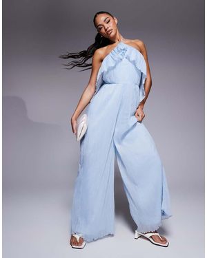 ASOS Mono Largo De Pernera Ancha Con Cuello Halter Y Detalle De Volantes De Tejido Texturizado De - Azul