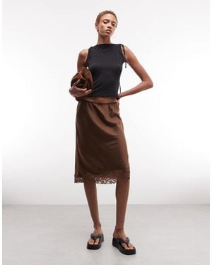 Monki Satin Look Lace Midi Skirt - Brown
