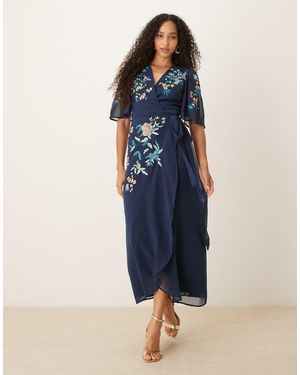 Hope & Ivy Chiffon Floral Embroidered Wrap Tie Side Midaxi Dress - Blue
