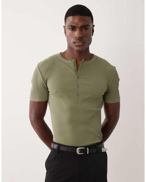 ASOS Heavyweight Muscle Fit T-shirt With Henley Neck - Green