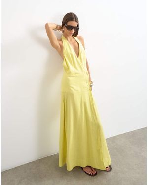 TOPSHOP Premium Linen Rich Halter Neck Wrap Maxi Dress - Green