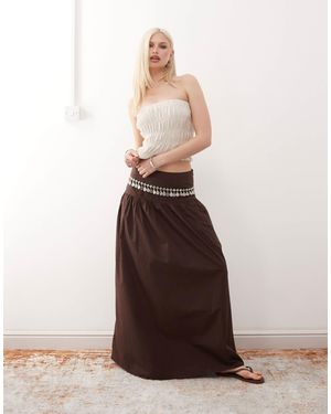 Monki Floaty Poplin Maxi Skirt With Drop Waist Detail - Brown
