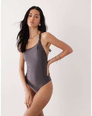 Mango Twist Detail One Shoulder Swimsuit - Grey