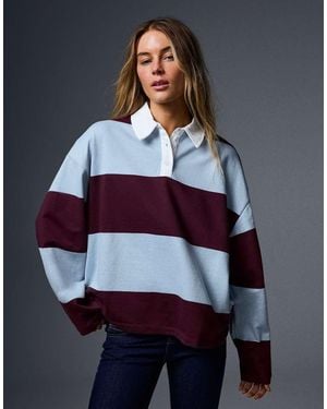 Bershka Polo A Maniche Lunghe A Righe Bordeaux - Blu