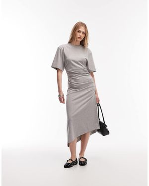 & Other Stories Vestido Midi Gris Jaspeado Fruncido Con Bajo Asimétrico De Punto Liso De - Blanco