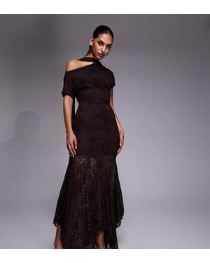 Kaiia Exclusive Slinky Lace Off Shoulder Scarf Detail Sheer Hem Maxi Dress - Brown