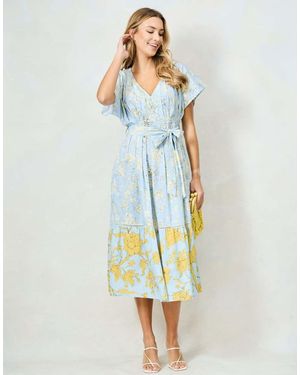 Hope & Ivy The Noor Mixed Print V-Neck Midi Dress With Tie Waist - Blue