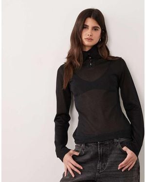 ASOS Sheer Knit Button Roll Neck - Black