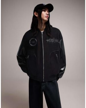 Bershka Veste en tissu avec manches en similicuir - Noir