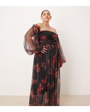 Lace & Beads Plus Off Shoulder Balloon Sleeve Tulle Maxi Dress - Multicolour