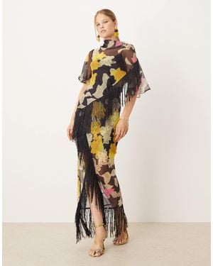 ASOS Chiffon Fringe Detail Maxi Dress - Multicolour