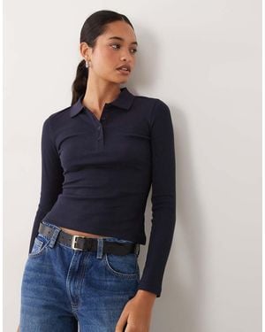 Brave Soul Long Sleeve Ribbed Polo Top - Blue