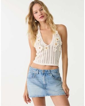 Stradivarius Floral Crochet Halter Top - White