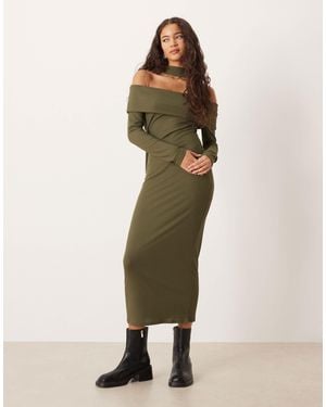 ASOS Ribbed Bardot Midi Dress With Scarf Detail - Natural