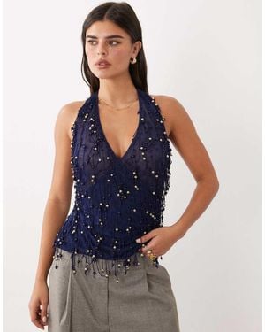 ASOS Wrap Front Halter Neck Top With Beaded Fringing - Blue