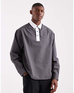 ASOS Oversized Poplin Over The Head Shirt With Contrast Collar - Grey