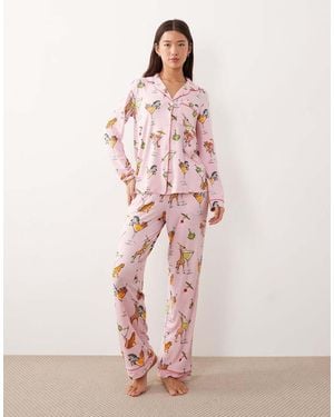 Chelsea Peers Pijama Largo Con Botones Y Estampado De Animales Y Martinis De - Rosa