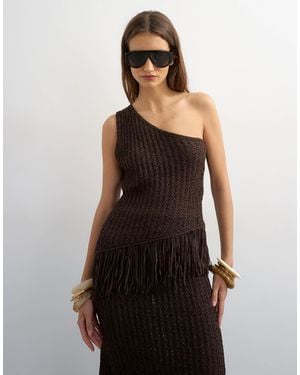 TOPSHOP Knitted One Shoulder Tape Yarn Co-Ord Fringing Top - Black