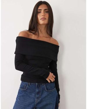 ASOS Compact Cotton Fold Over Bardot Top - Black