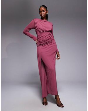 DASKA Long Sleeve Asymmetric Drape Detail Maxi Dress - Pink