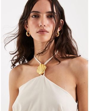 4th & Reckless Linen Blend Gold Shell Hardware Halterneck Shift Beach Dress - Natural